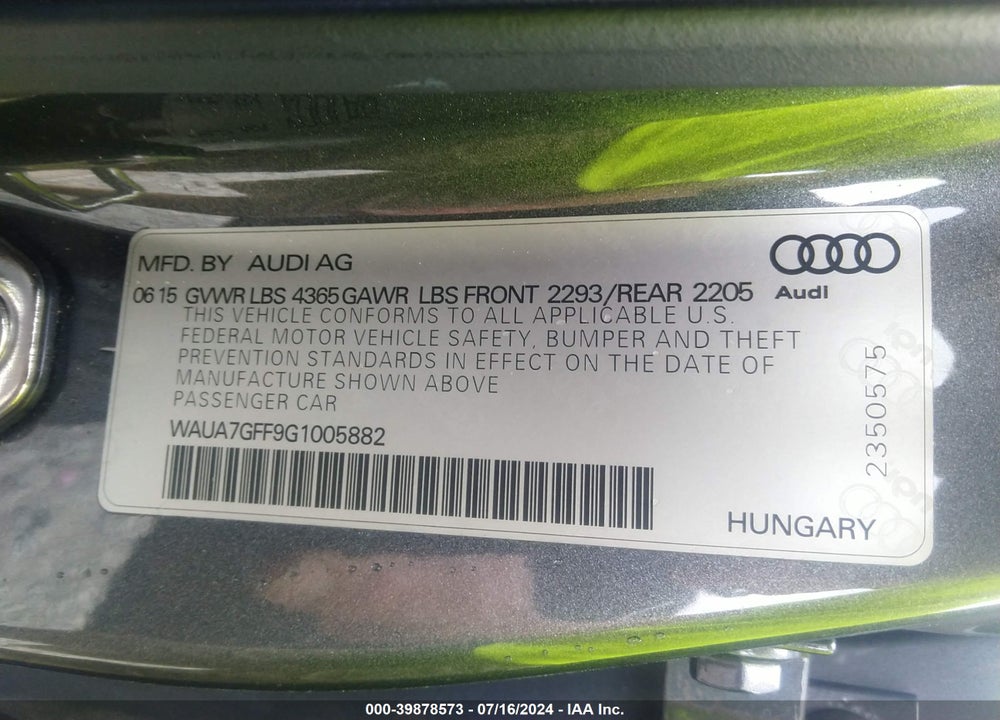 2016 AUDI A3 1.8T PREMIUM VIN: WAUA7GFF9G1005882