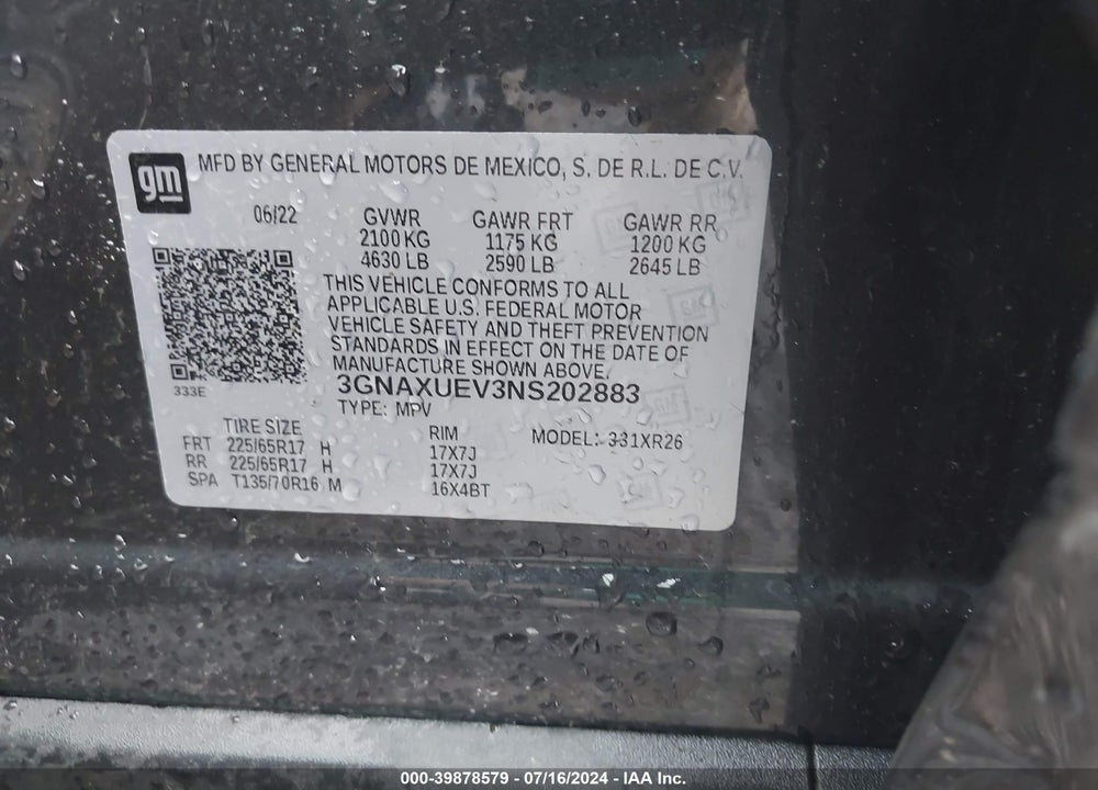 2022 CHEVROLET EQUINOX AWD LT VIN: 3GNAXUEV3NS202883
