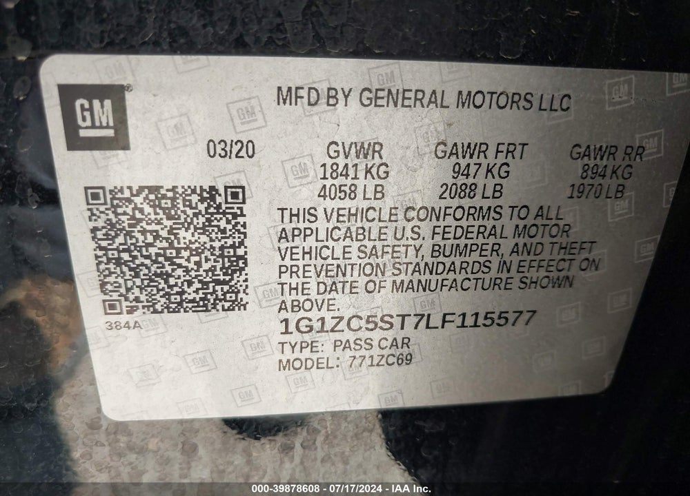 2020 CHEVROLET MALIBU FWD 1FL VIN: 1G1ZC5ST7LF115577