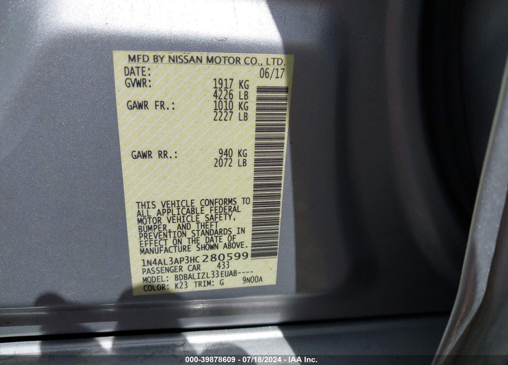 2017 NISSAN ALTIMA 2.5 SV VIN: 1N4AL3AP3HC280599