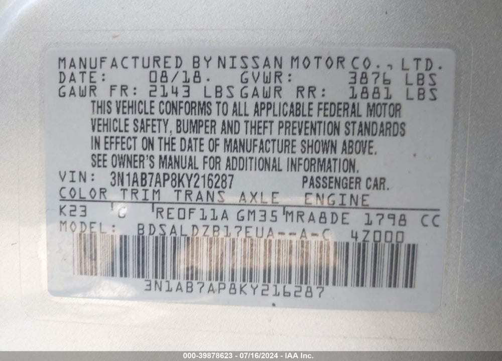 2019 NISSAN SENTRA SV VIN: 3N1AB7AP8KY216287