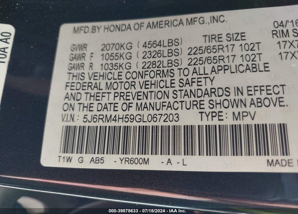 2016 HONDA CR-V EX VIN: 5J6RM4H59GL067203