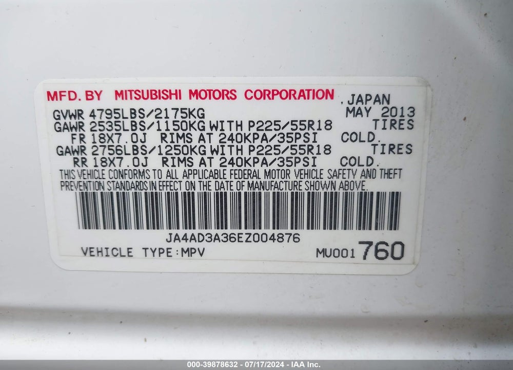 2014 MITSUBISHI OUTLANDER SE VIN: JA4AD3A36EZ004876