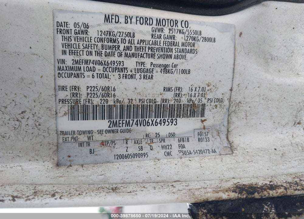 2006 MERCURY GRAND MARQUIS GS VIN: 2MEFM74V06X649593