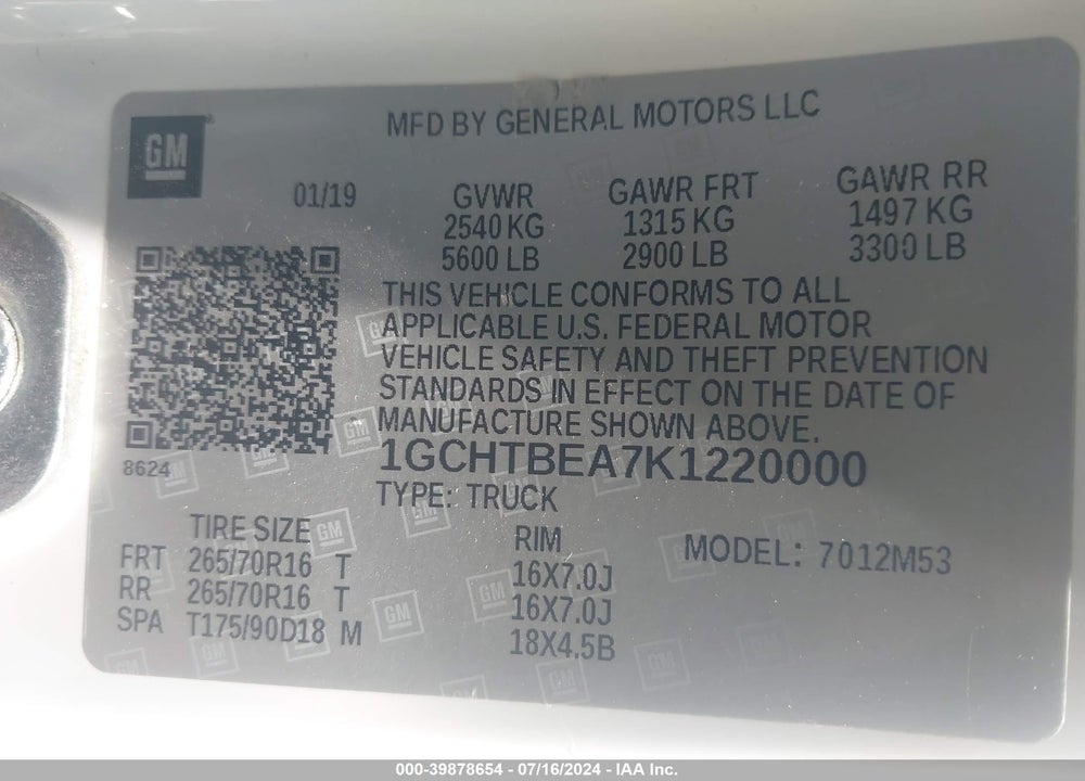 2019 CHEVROLET COLORADO WT VIN: 1GCHTBEA7K1220000