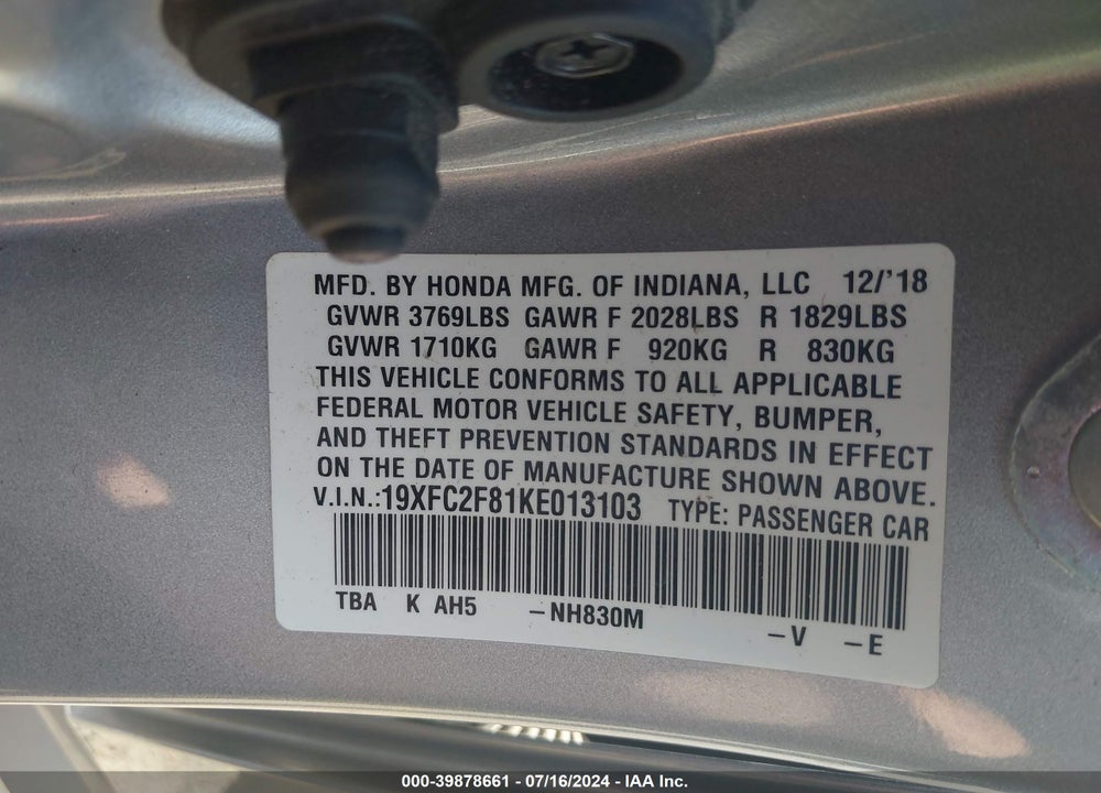 2019 HONDA CIVIC SPORT VIN: 19XFC2F81KE013103
