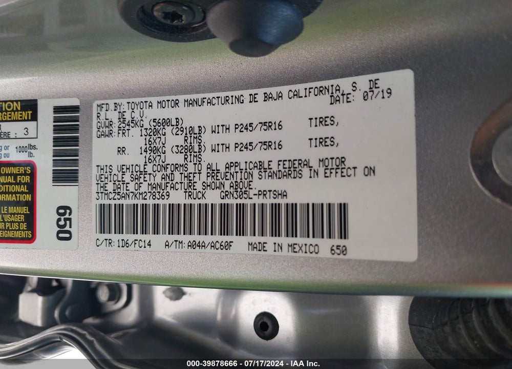 2019 TOYOTA TACOMA SR5 V6 VIN: 3TMCZ5AN7KM278369