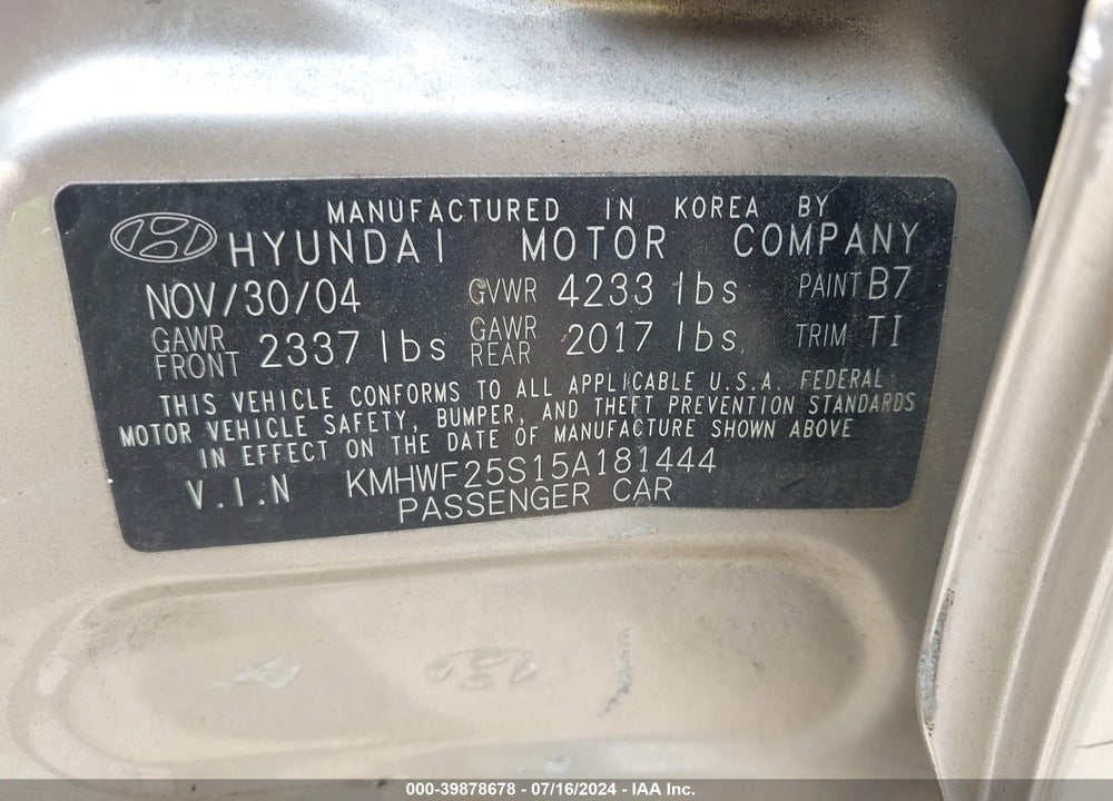 2005 HYUNDAI SONATA GL VIN: KMHWF25S15A181444