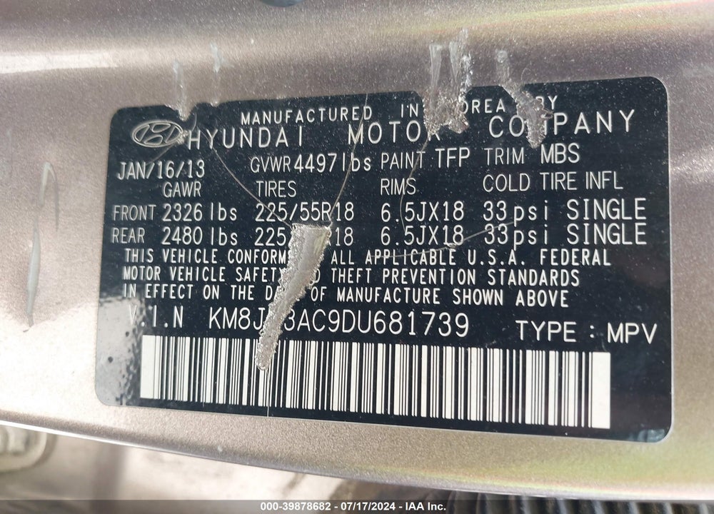2013 HYUNDAI TUCSON LIMITED VIN: KM8JU3AC9DU681739