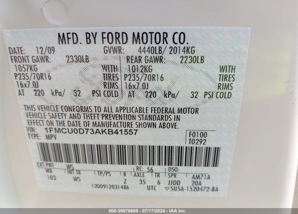 2010 FORD ESCAPE XLT VIN: 1FMCU0D73AKB41557