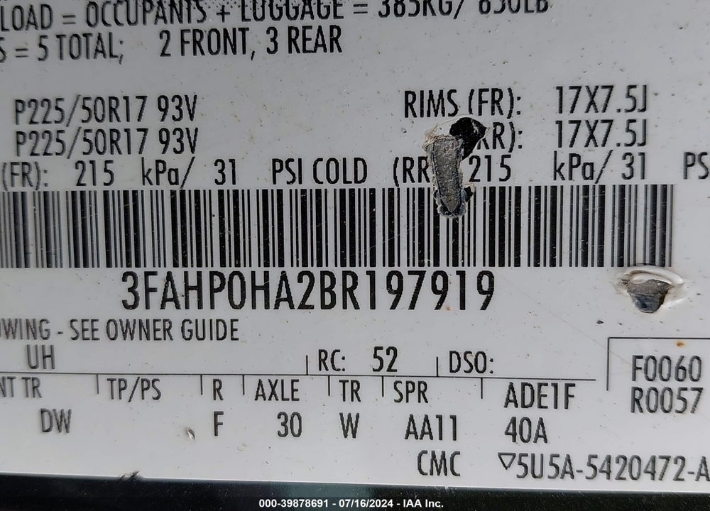 2011 FORD FUSION SE VIN: 3FAHP0HA2BR197919