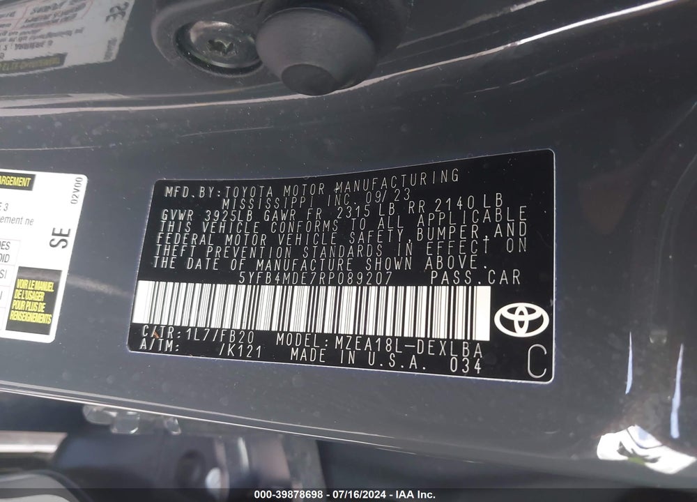 2024 TOYOTA COROLLA LE VIN: 5YFB4MDE7RP089207