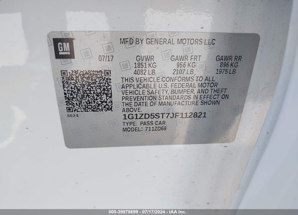 2018 CHEVROLET MALIBU LT VIN: 1G1ZD5ST7JF112821