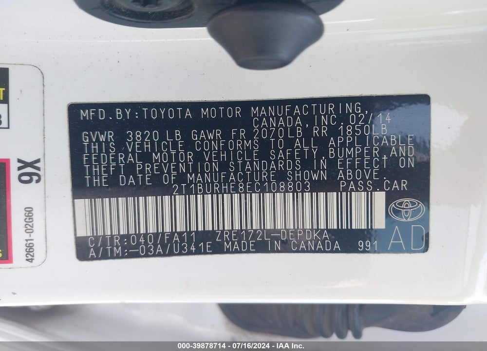 2014 TOYOTA COROLLA L VIN: 2T1BURHE8EC108803