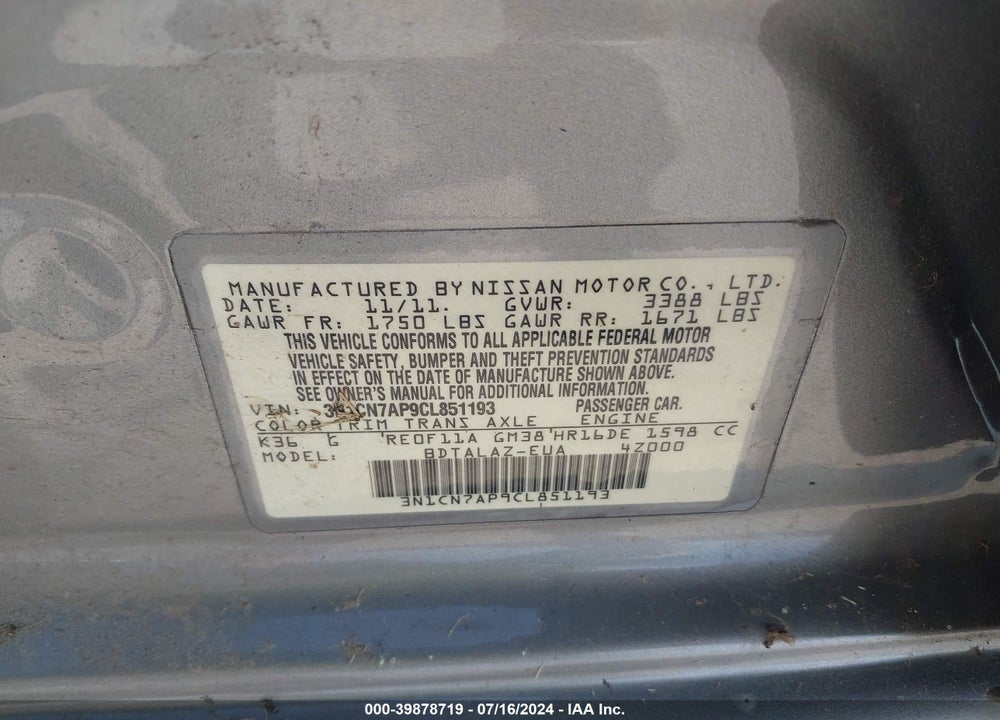 2012 NISSAN VERSA 1.6 S+ VIN: 3N1CN7AP9CL851193