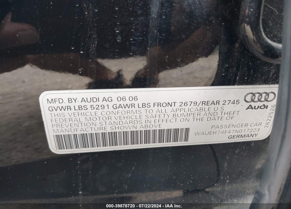 2007 AUDI A6 3.2 VIN: WAUEH74F47N017223
