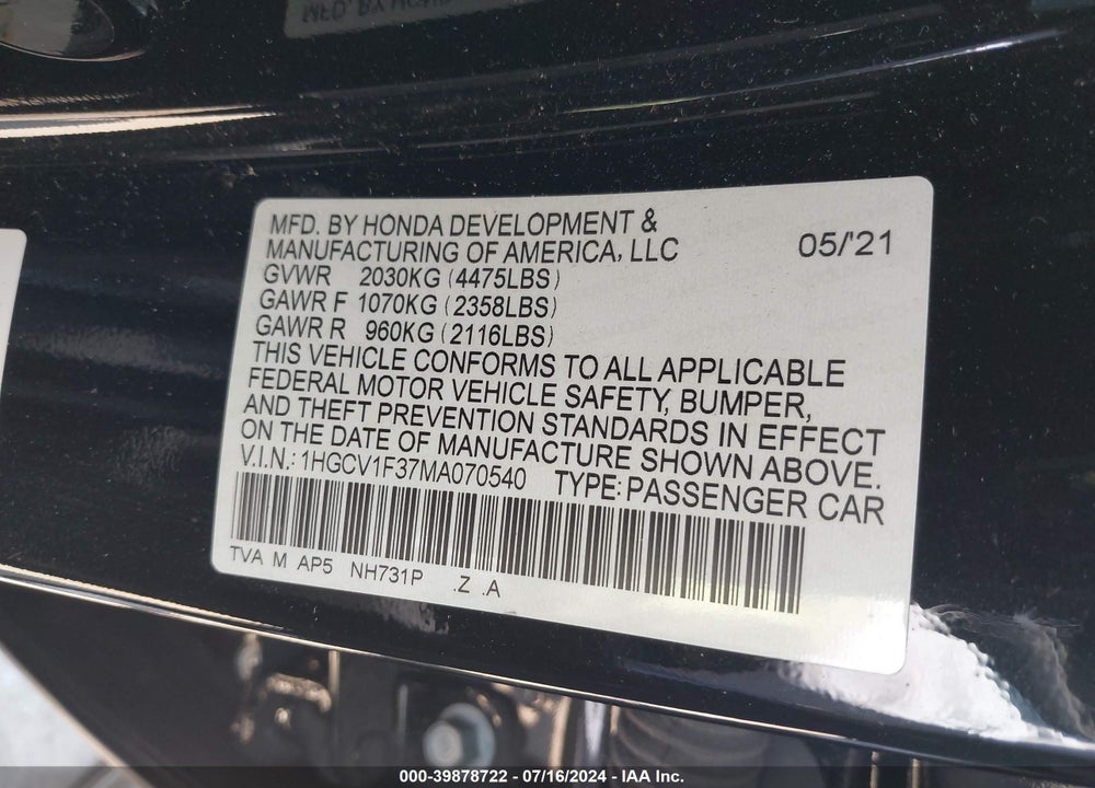 2021 HONDA ACCORD SPORT VIN: 1HGCV1F37MA070540