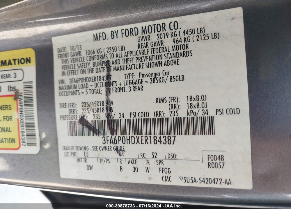 2014 FORD FUSION SE VIN: 3FA6P0HDXER184387