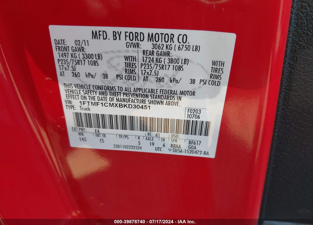 2011 FORD F-150 VIN: 1FTMF1CMXBKD30451