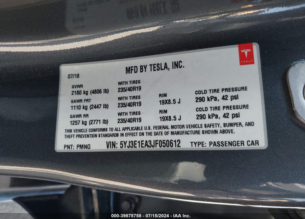 2018 TESLA MODEL 3 LONG RANGE/MID RANGE VIN: 5YJ3E1EA3JF050612