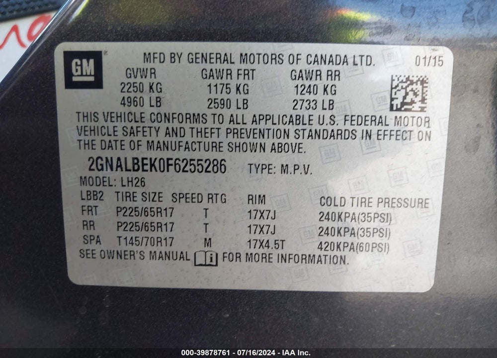 2015 CHEVROLET EQUINOX 1LT VIN: 2GNALBEK0F6255286