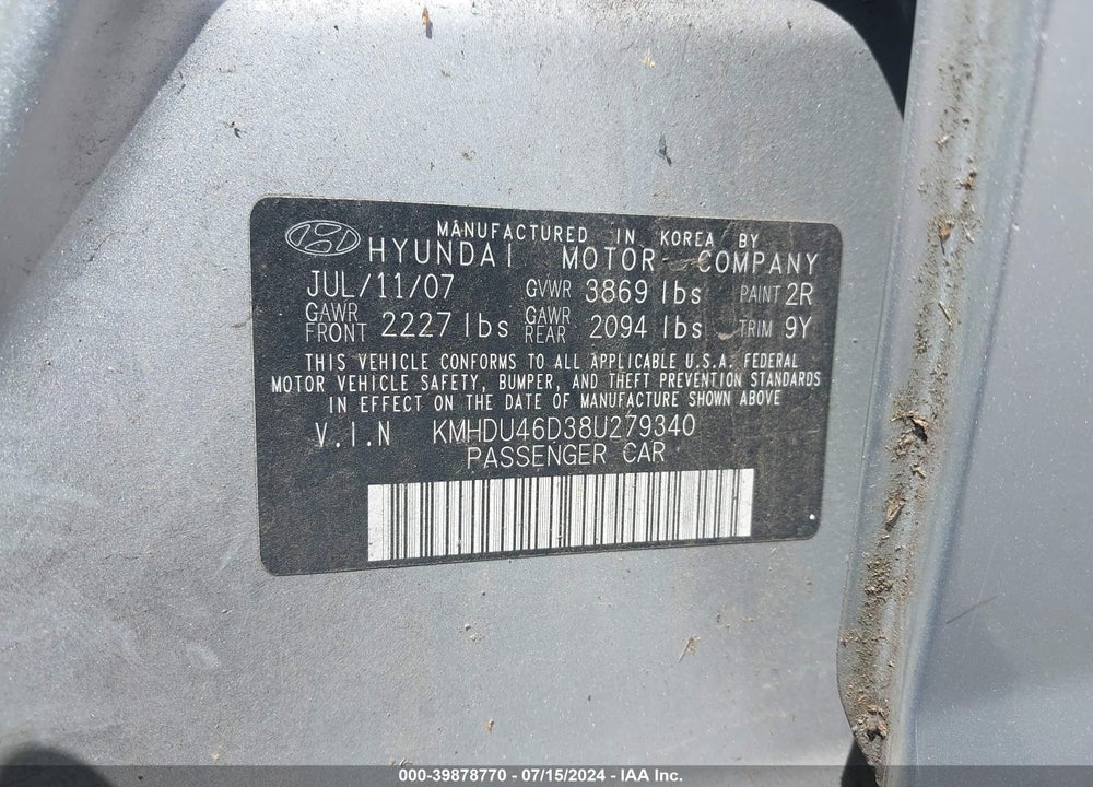 2008 HYUNDAI ELANTRA GLS/SE VIN: KMHDU46D38U279340