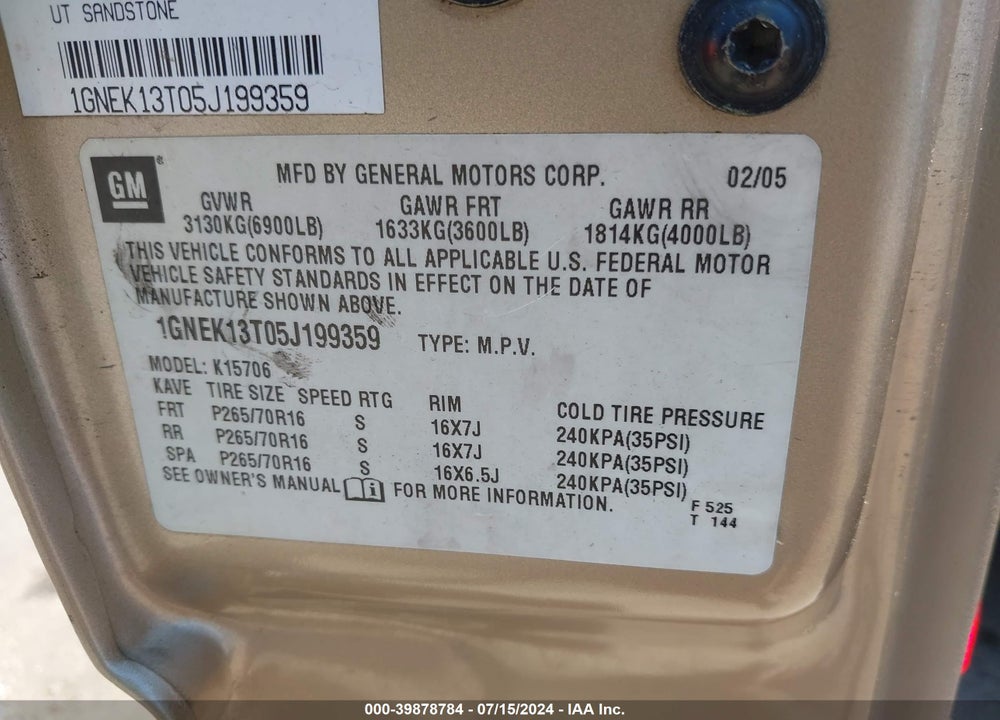 2005 CHEVROLET TAHOE LS VIN: 1GNEK13T05J199359