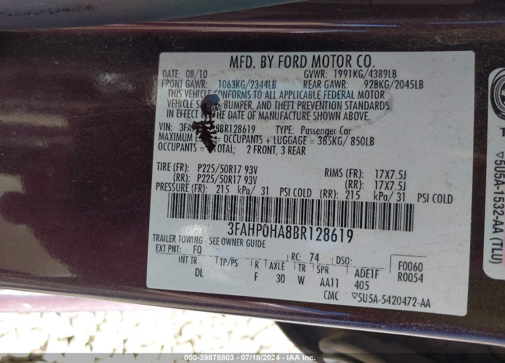 2011 FORD FUSION SE VIN: 3FAHP0HA8BR128619