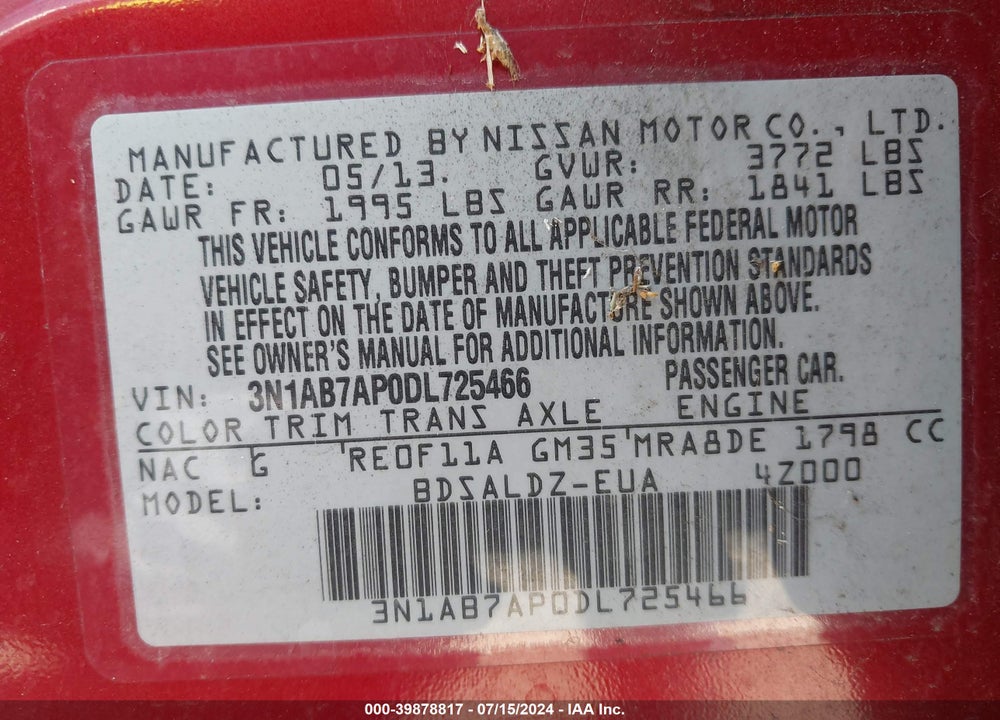 2013 NISSAN SENTRA SV VIN: 3N1AB7AP0DL725466