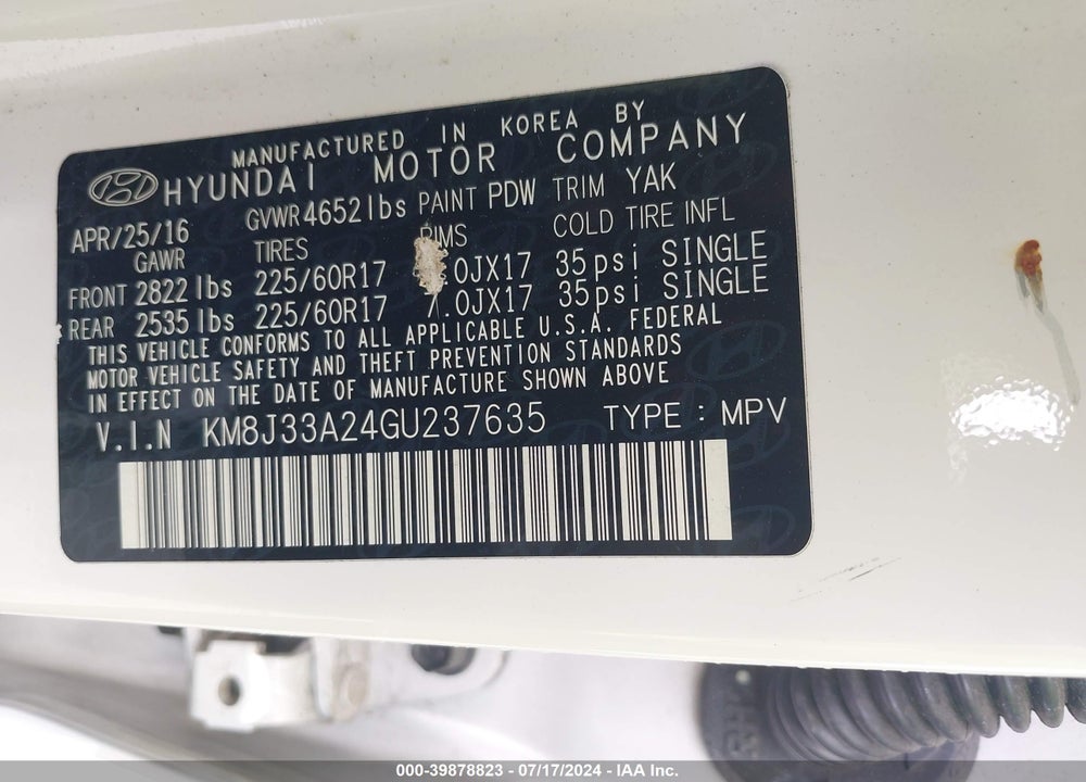 2016 HYUNDAI TUCSON ECO VIN: KM8J33A24GU237635