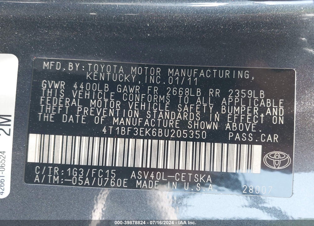 2011 TOYOTA CAMRY SE VIN: 4T1BF3EK6BU205350