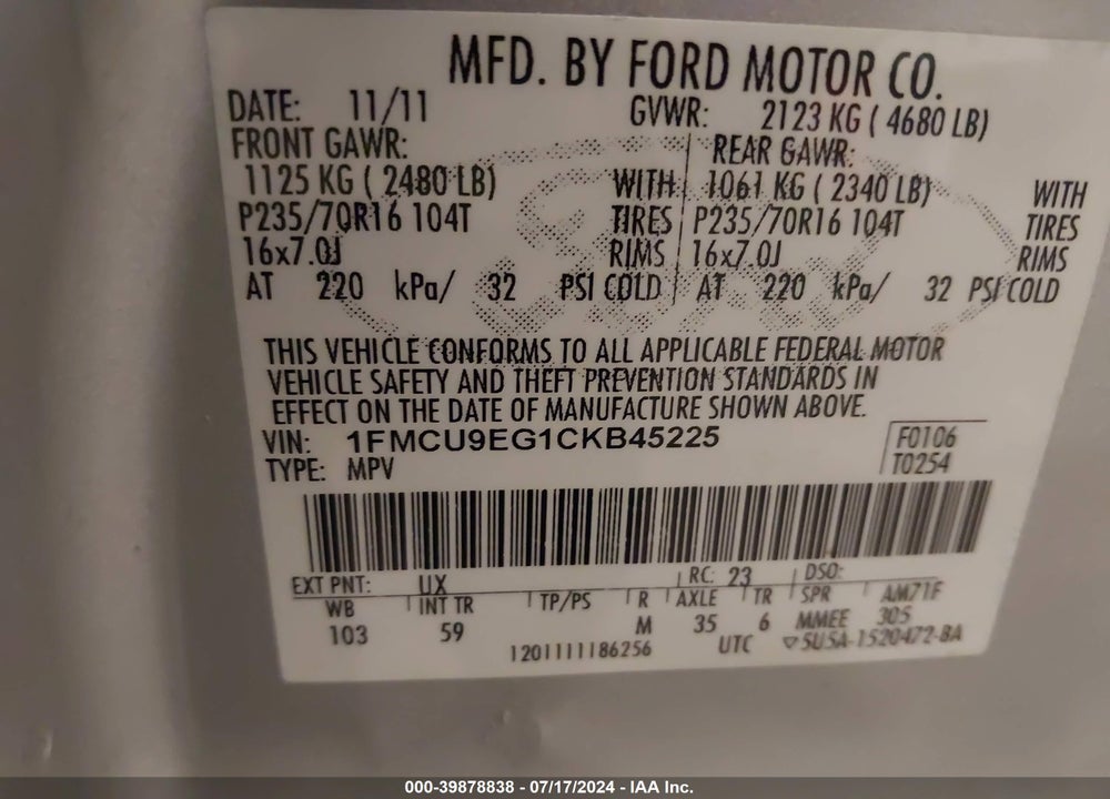 2012 FORD ESCAPE LIMITED VIN: 1FMCU9EG1CKB45225