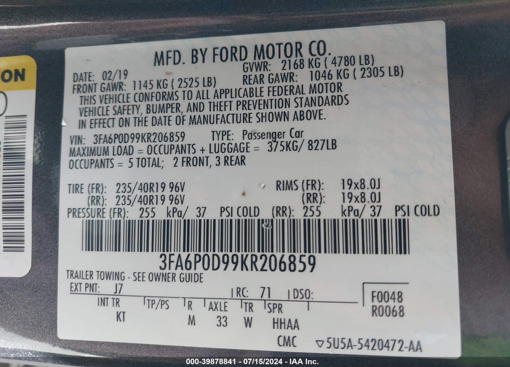 2019 FORD FUSION TITANIUM VIN: 3FA6P0D99KR206859