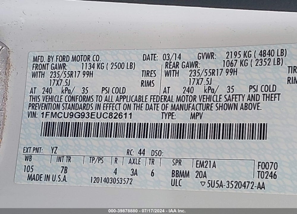 2014 FORD ESCAPE SE VIN: 1FMCU9G93EUC82611