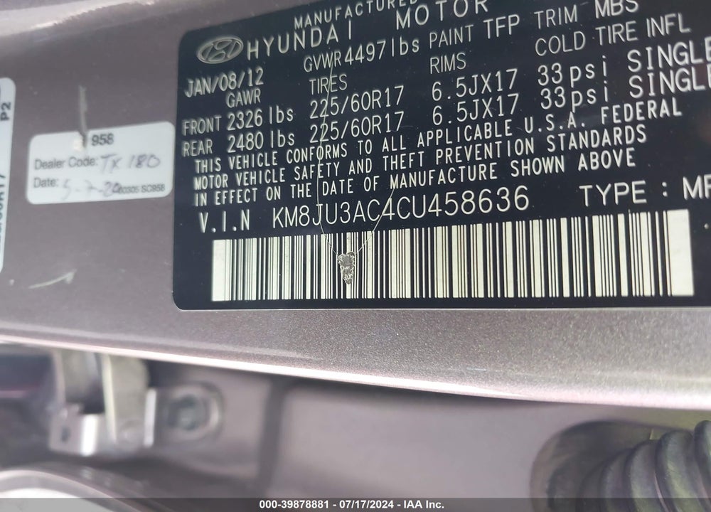2012 HYUNDAI TUCSON GLS VIN: KM8JU3AC4CU458636
