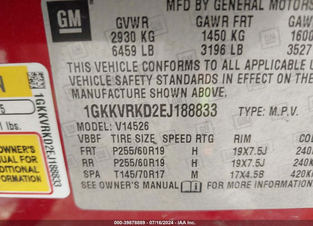 2014 GMC ACADIA SLT-1 VIN: 1GKKVRKD2EJ188833