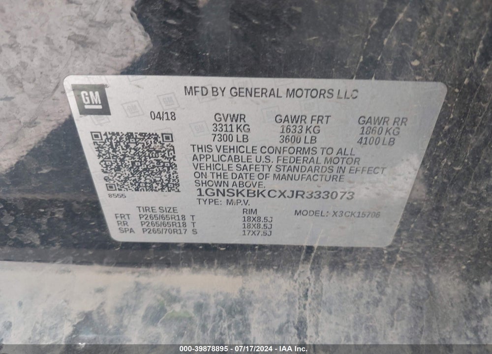 2018 CHEVROLET TAHOE LT VIN: 1GNSKBKCXJR333073