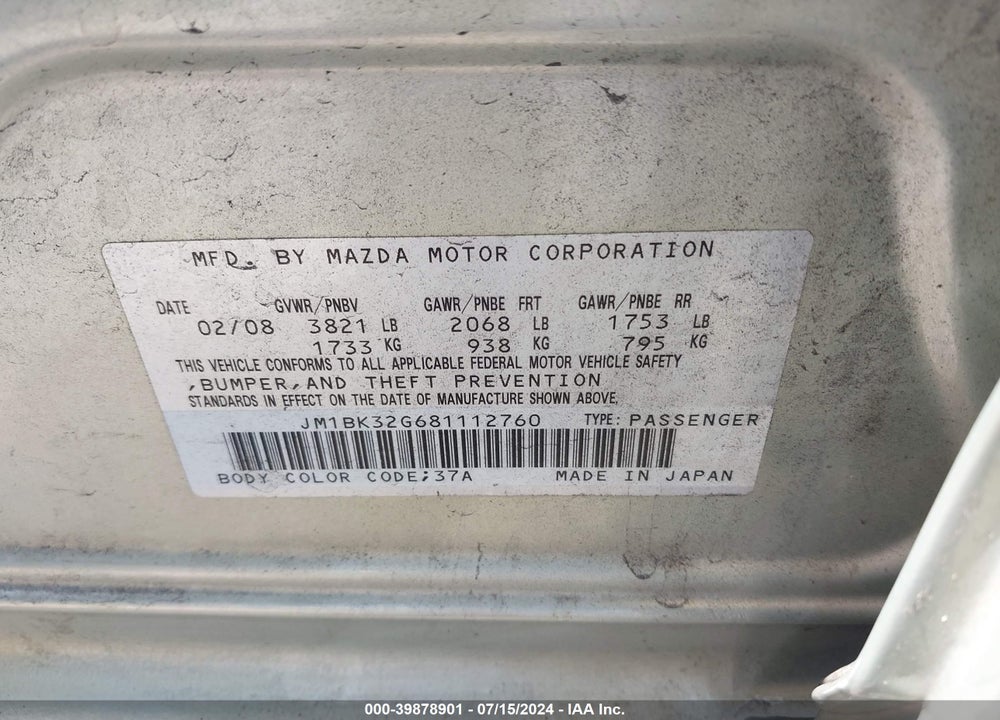 2008 MAZDA 3 I TOURING VALUE VIN: JM1BK32G681112760
