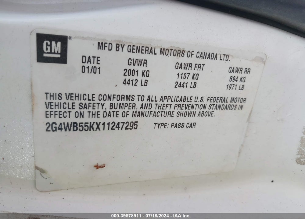 2001 BUICK REGAL LS VIN: 2G4WB55KX11247295