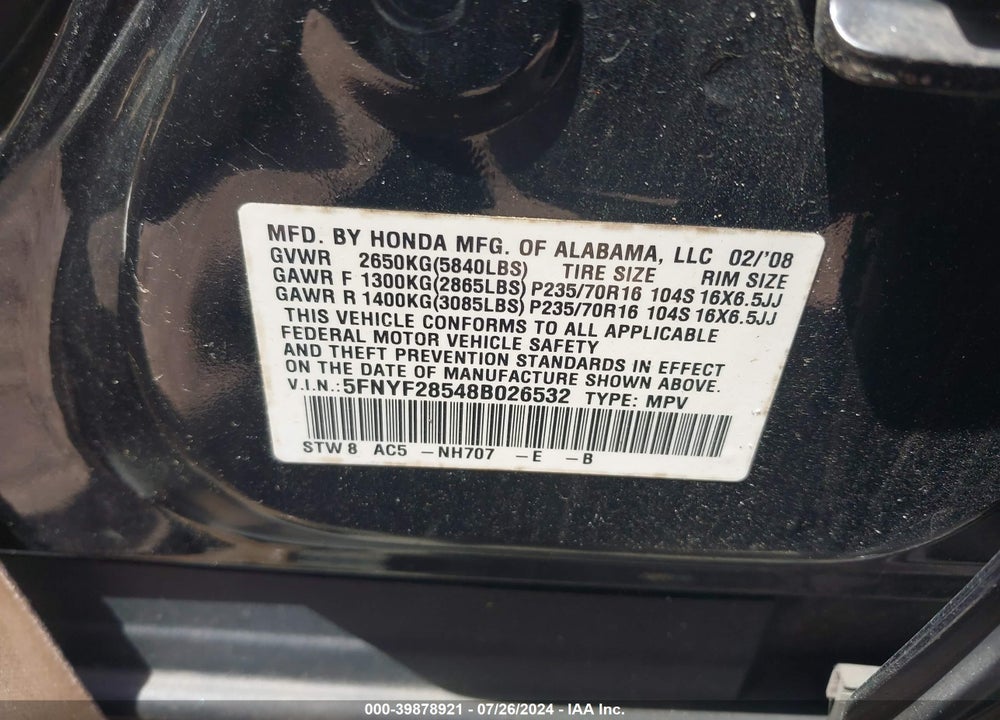 2008 HONDA PILOT EX-L VIN: 5FNYF28548B026532