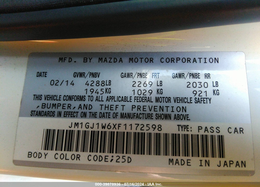 2015 MAZDA 6 I GRAND TOURING VIN: JM1GJ1W6XF1172598