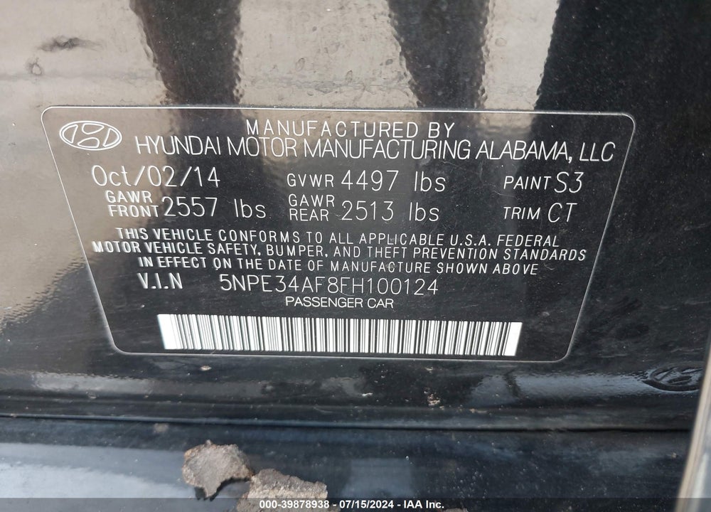 2015 HYUNDAI SONATA SPORT VIN: 5NPE34AF8FH100124