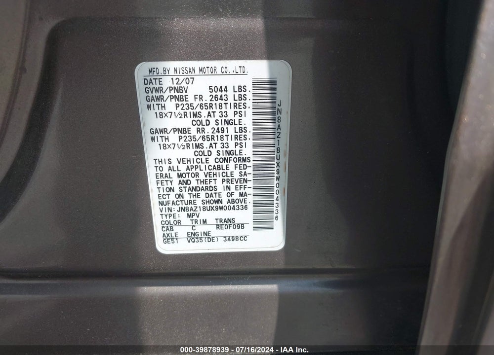 2009 NISSAN MURANO VIN: JN8AZ18UX9W004336
