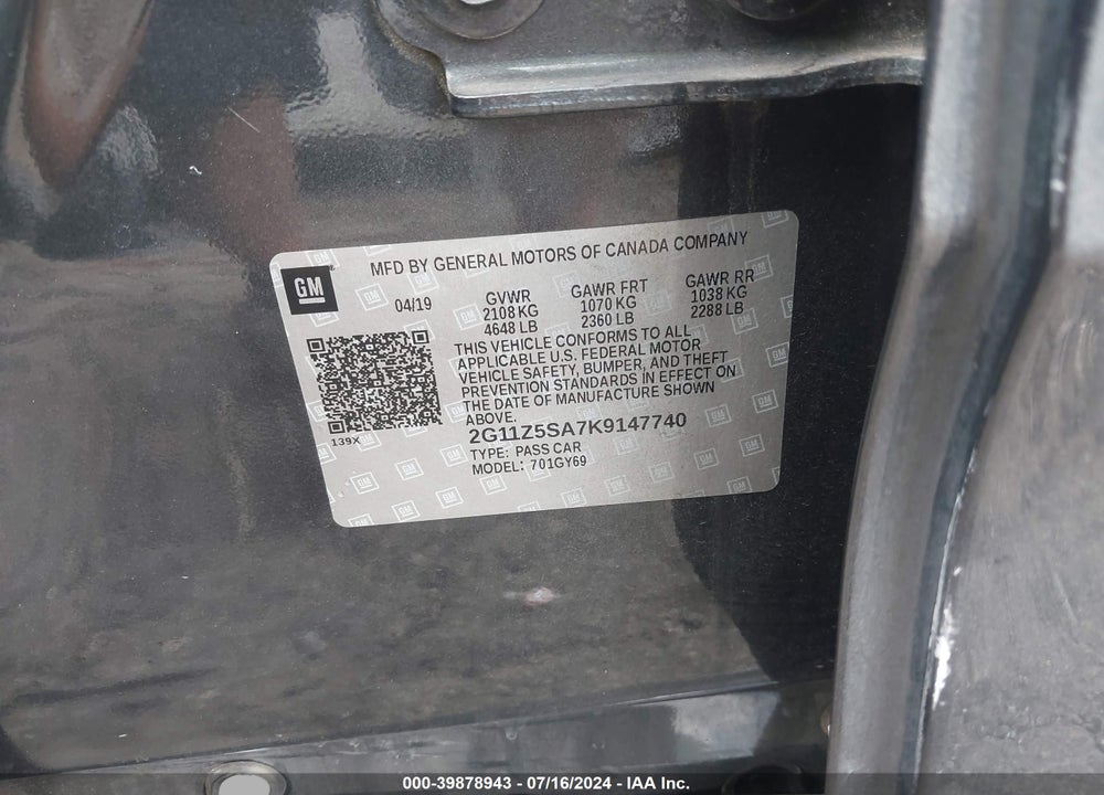 2019 CHEVROLET IMPALA VIN: 2G11Z5SA7K9147740