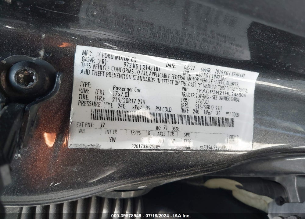 2017 FORD FOCUS SEL VIN: 1FADP3H21HL245605
