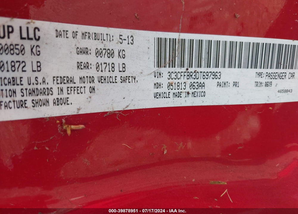 2013 FIAT 500 SPORT VIN: 3C3CFFBR3DT697963