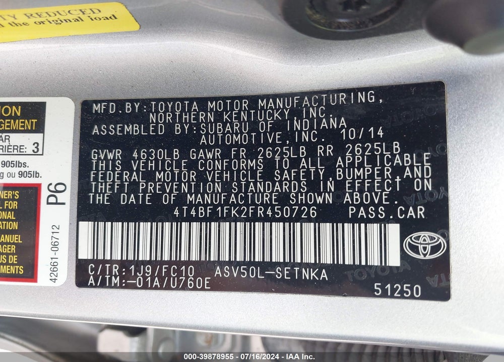 2015 TOYOTA CAMRY LE VIN: 4T4BF1FK2FR450726
