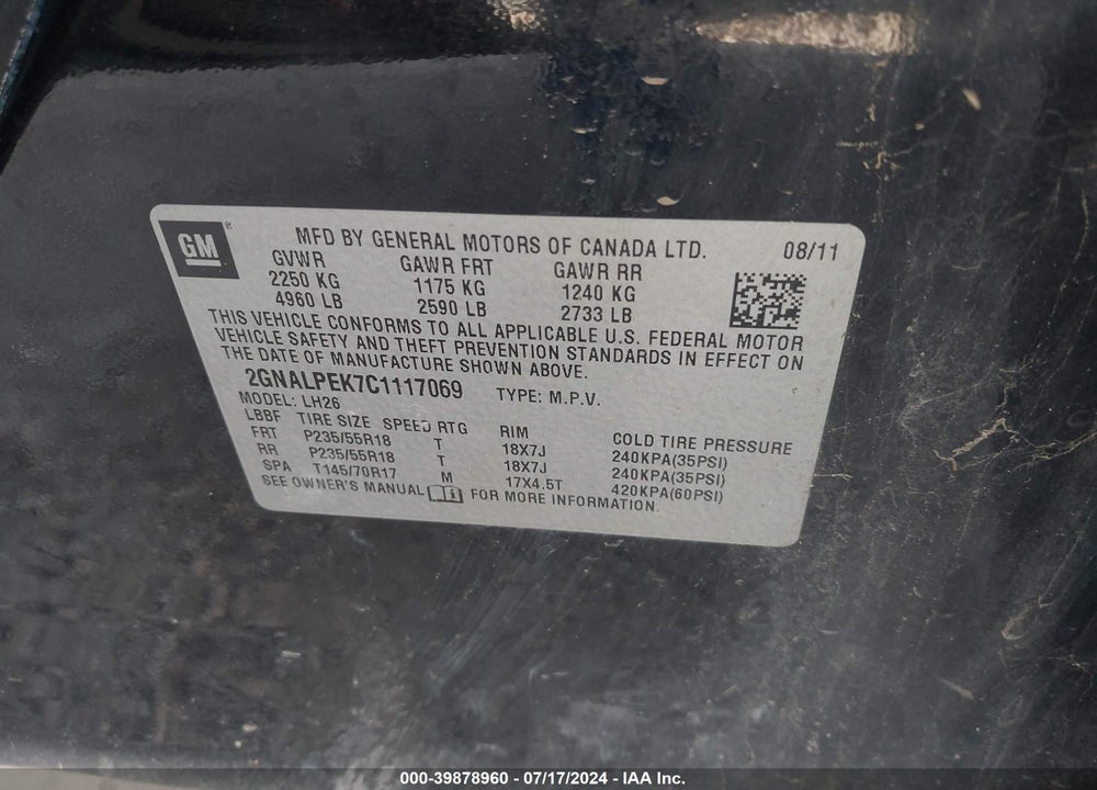 2012 CHEVROLET EQUINOX 2LT VIN: 2GNALPEK7C1117069