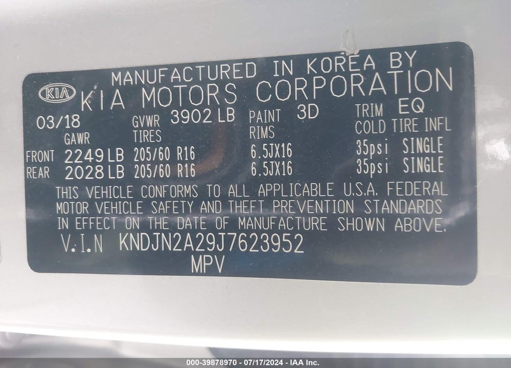 2018 KIA SOUL VIN: KNDJN2A29J7623952