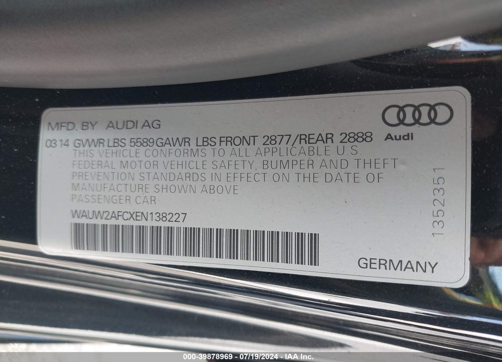 2014 AUDI S7 4.0T PRESTIGE VIN: WAUW2AFCXEN138227